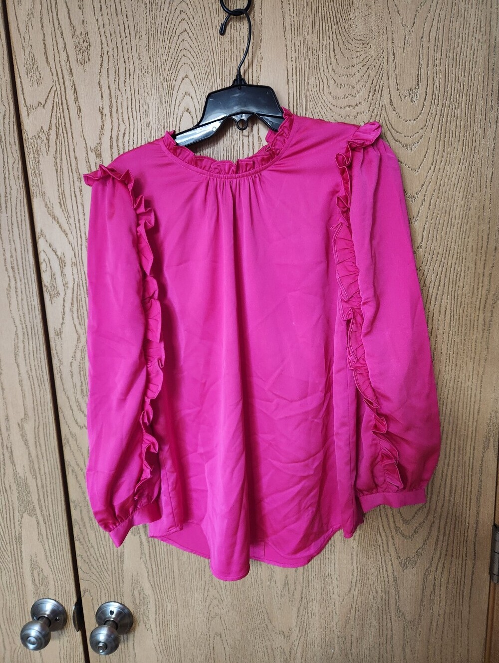 J. Crew Ruffle-Trim Satin Long Sleeve Blouse - Hot Pink